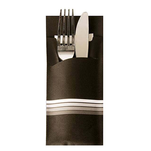 520 Stck Bestecktaschen  Stripes  schwarz/weiss, 20 x 8,5 cm, inkl. weier Serviette 33 x 33 cm 2-lag.