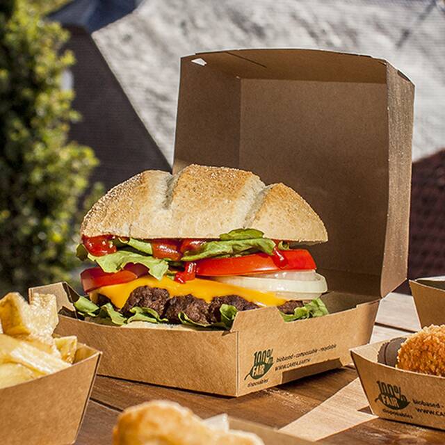 225 Stck Burgerboxen, Pappe  pure  18,5 x 18,5 cm braun  100% Fair  XXL