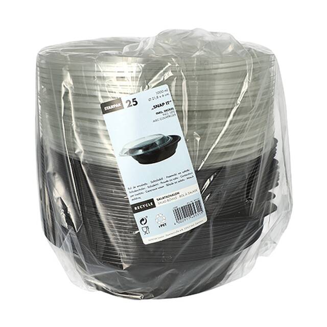 225 Stck Salatschalen, PET 1000 ml  21,8 cm  6 cm schwarz  Snap It  mit Deckel PET glasklar